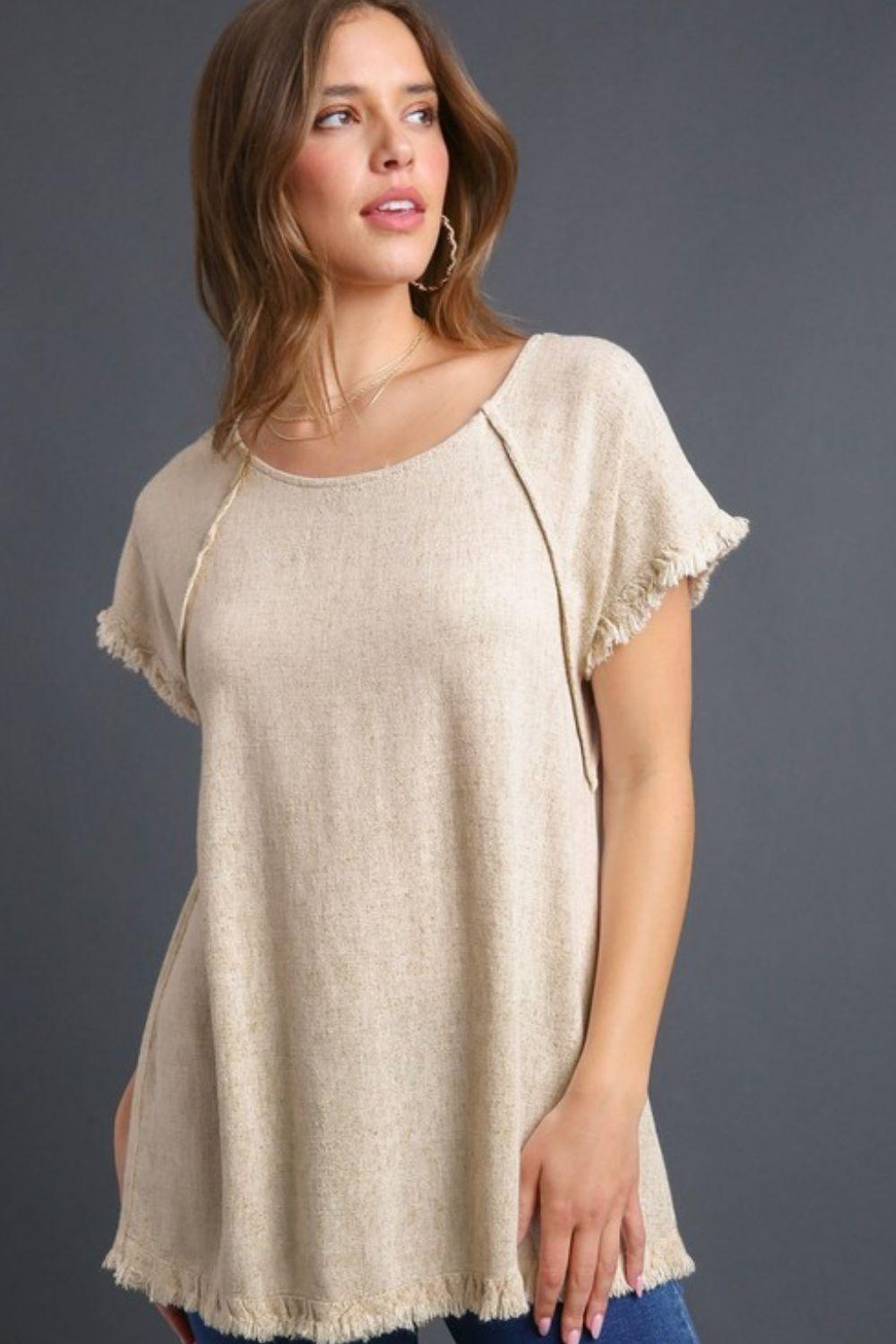 Umgee Full Size Seam Detail Linen Ruffle Fringe Edge Top Plus Size