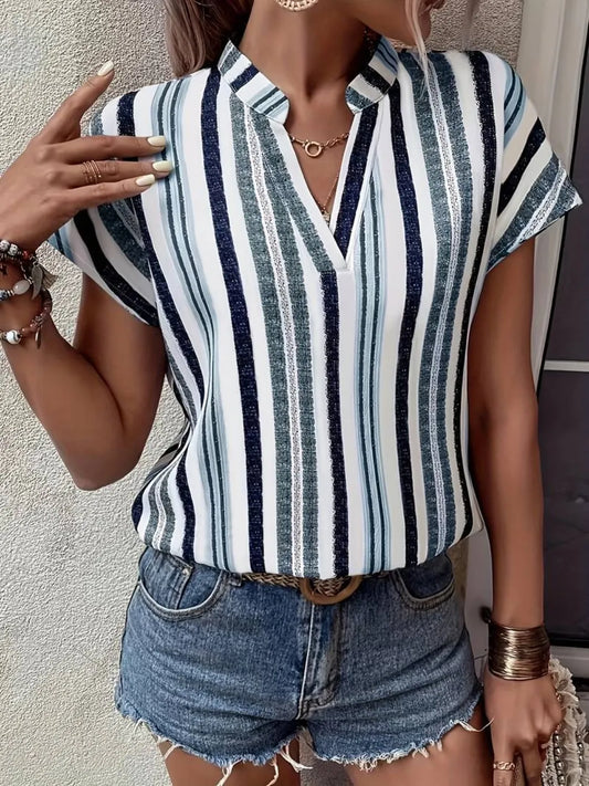 Striped Notched Short Sleeve Shirt