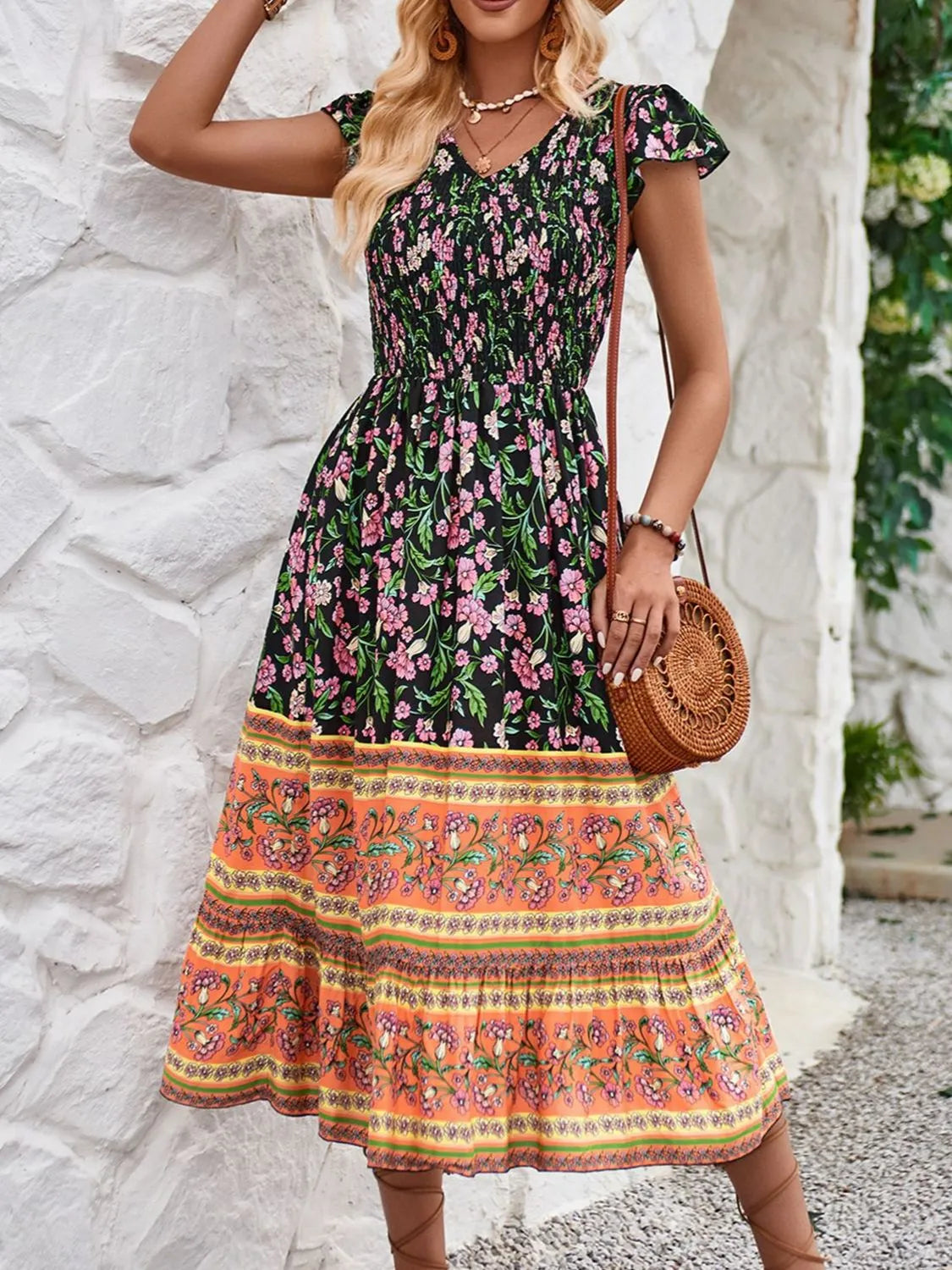 Printed Round Neck Cap Sleeve Dress