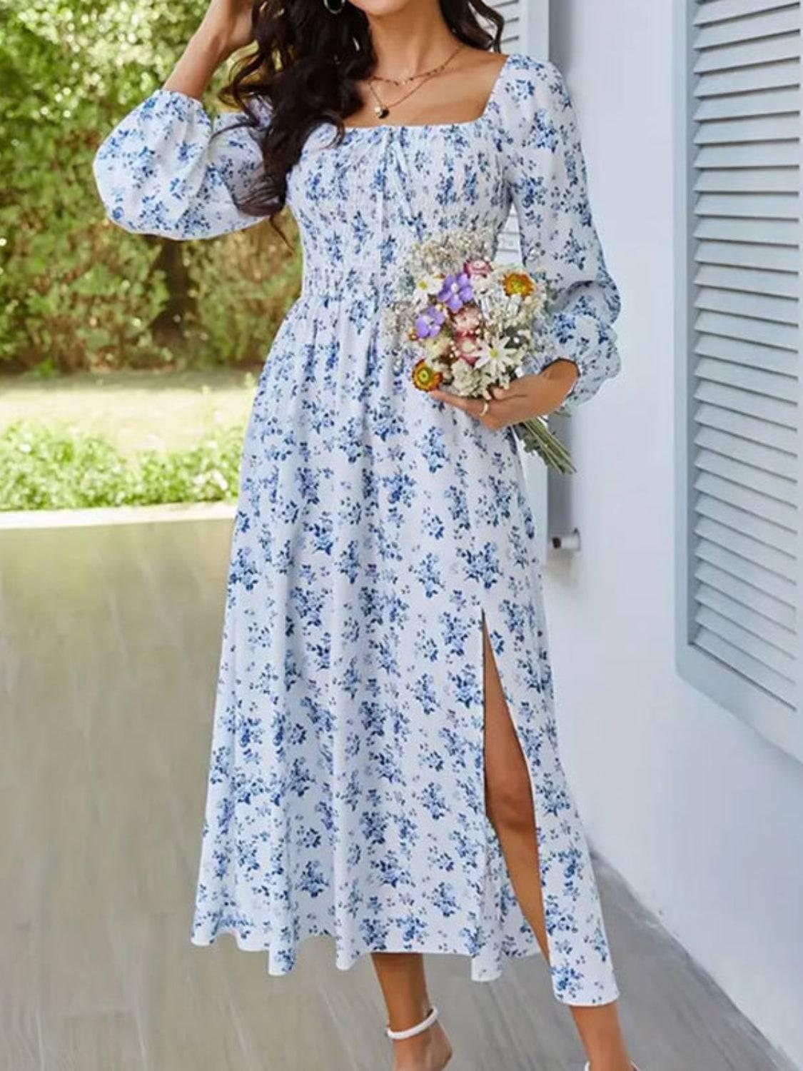 Slit Smocked Floral Square Neck Balloon Sleeve Midi Dress