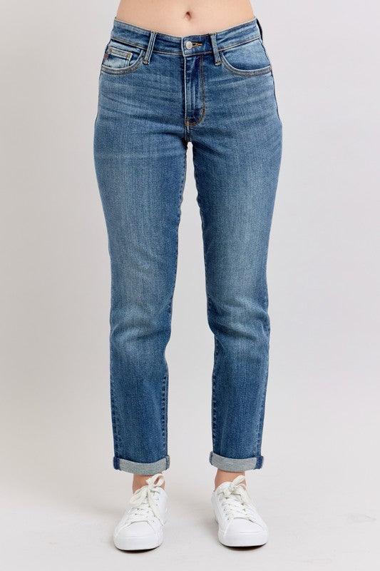 Judy Blue Full Size Mid Rise Skinny Cuff Jeans with Pockets Plus Size - Clothes For Her Online Store
