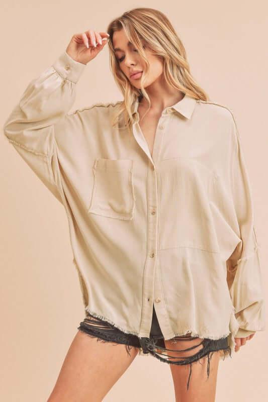 Aemi + Co Raw Edge Exposed Seam Collared Neck Long Sleeve Shirt - Clothes For Her Online Store