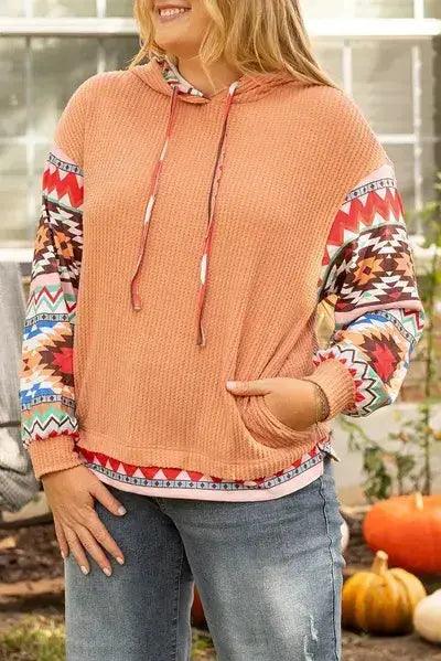 Plus Size Drawstring Geometric Long Sleeve Hoodie - Clothes For Her Online Store