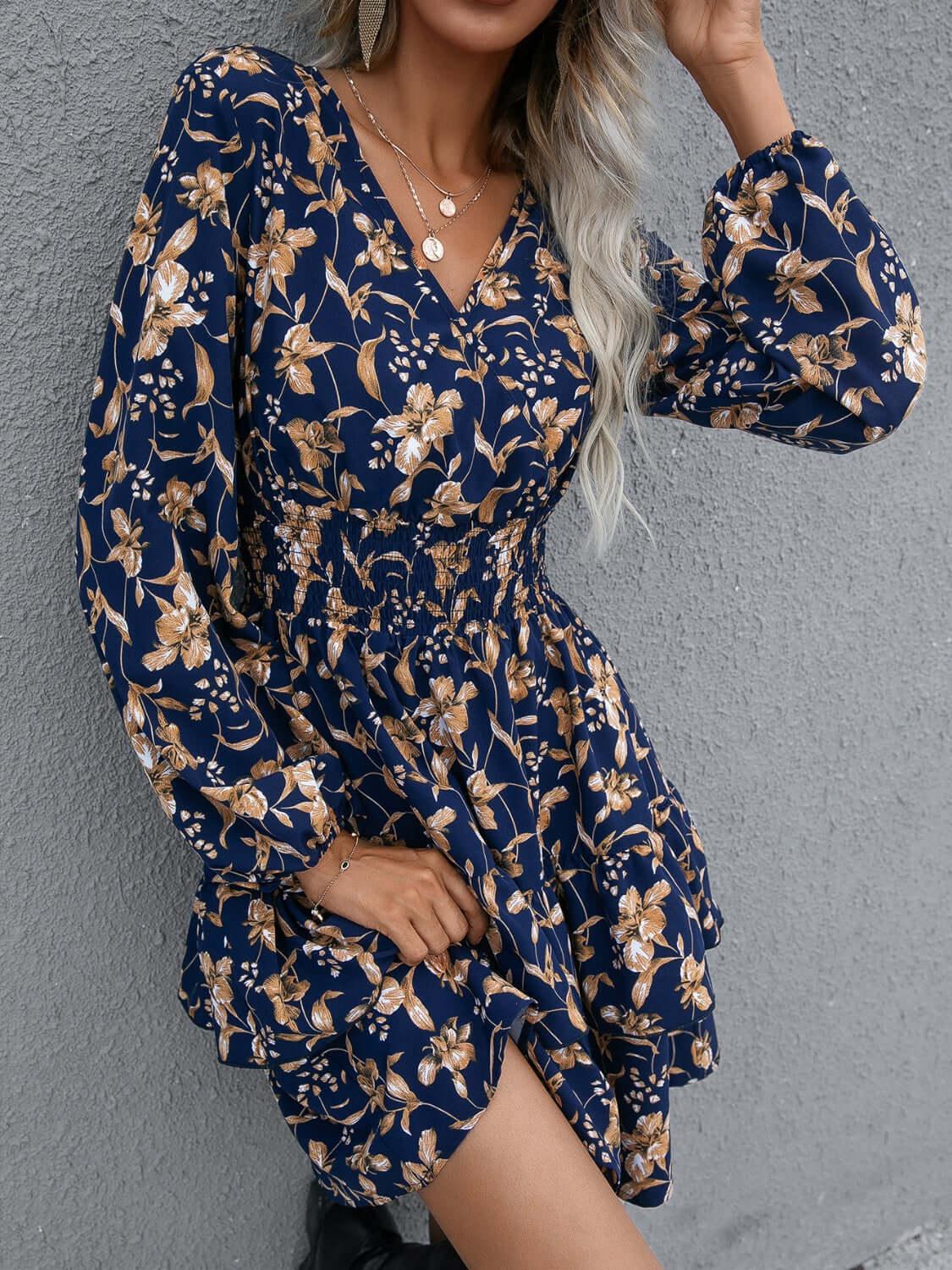 Ivy Lane Floral Layered Surplice Balloon Sleeve Dress - Clothes For Her Online Store