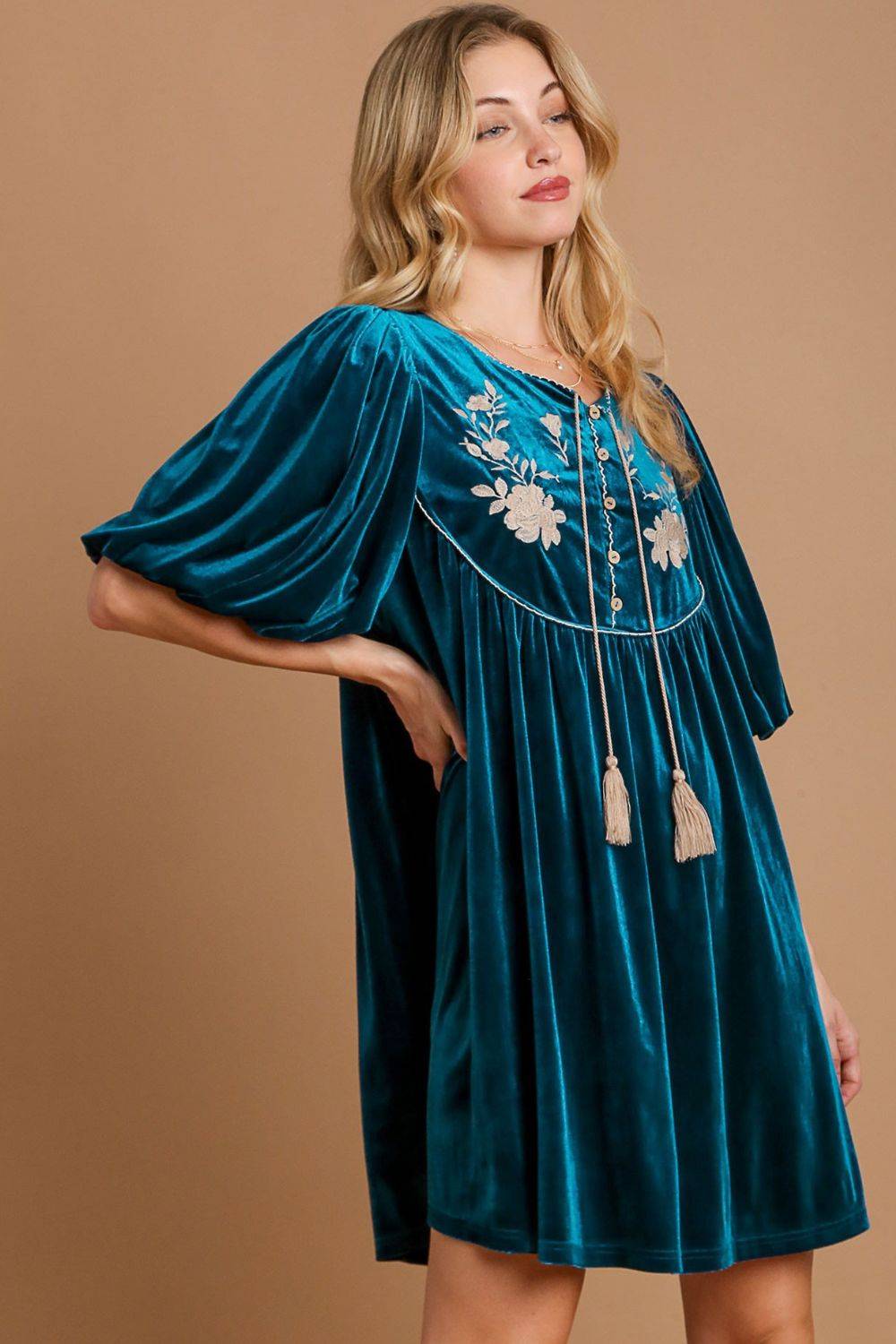 Umgee Embroidered Half Sleeve Velvet Mini Dress with Tassel - Clothes For Her Online Store