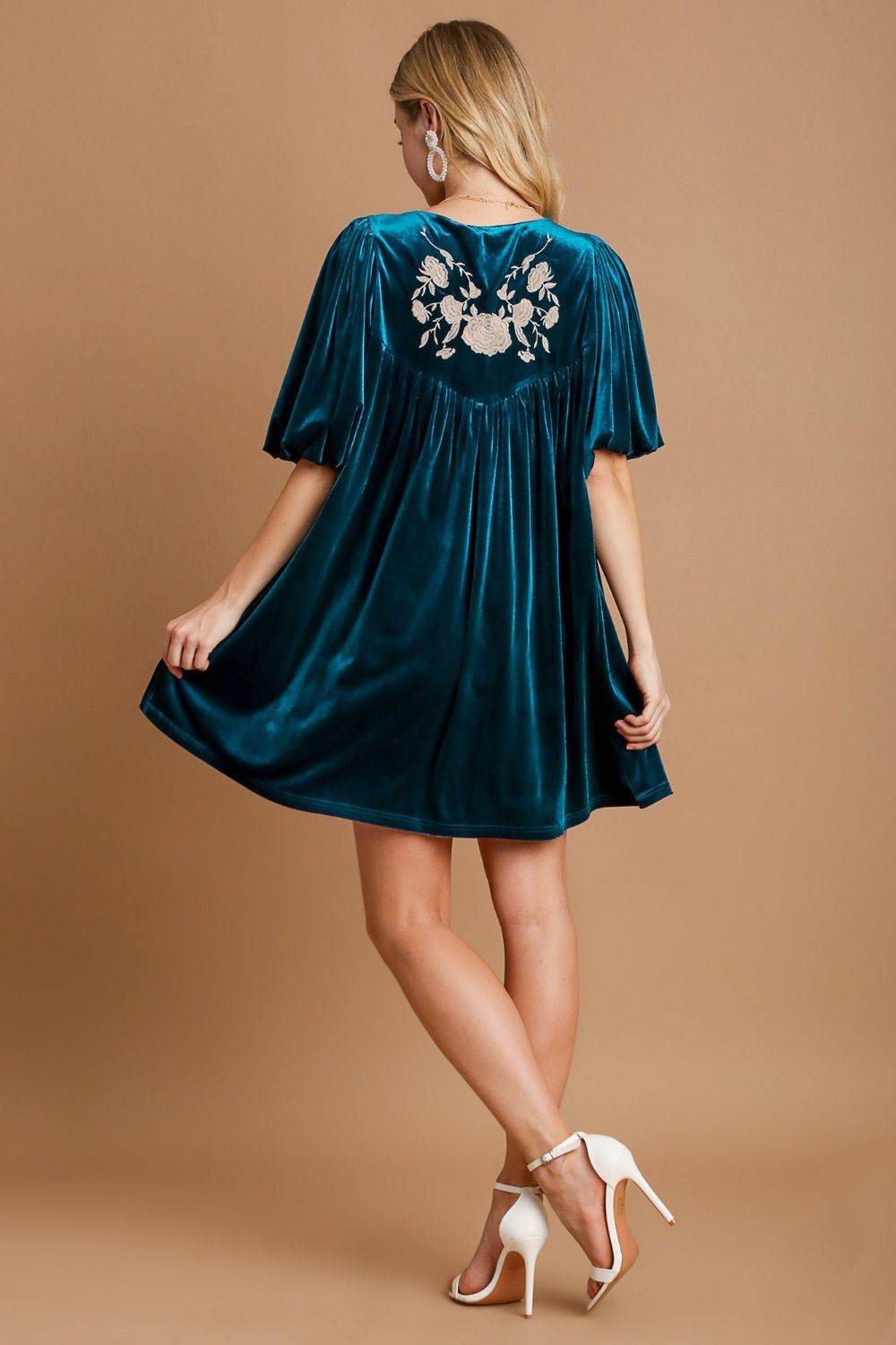 Umgee Embroidered Half Sleeve Velvet Mini Dress with Tassel - Clothes For Her Online Store