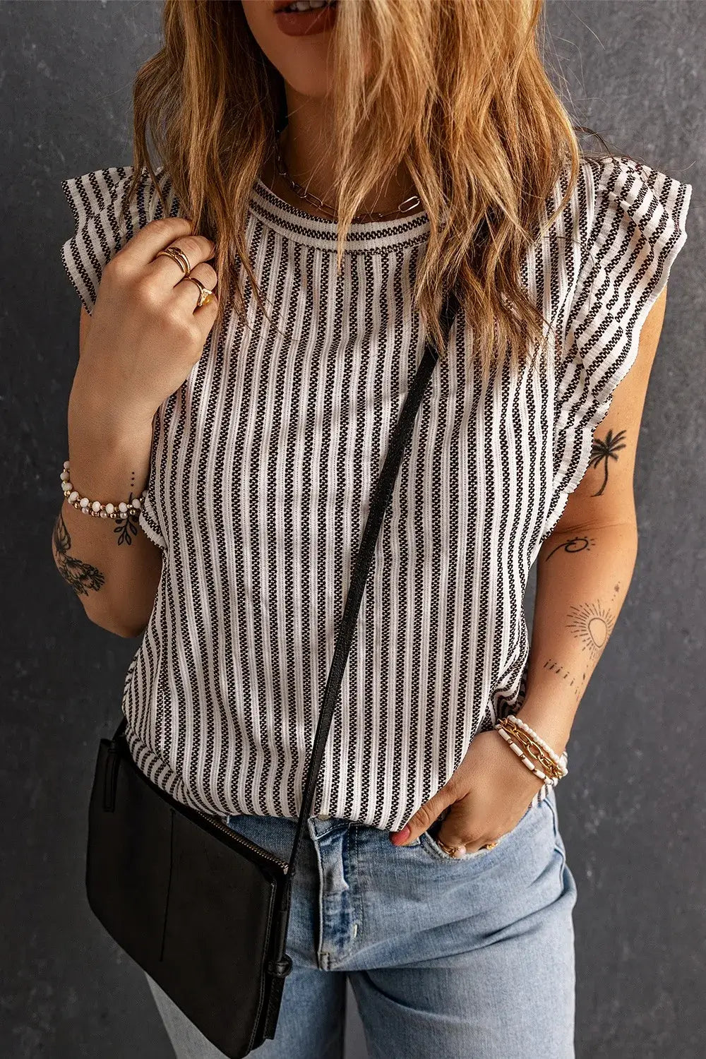 Ruffled Striped Round Neck Blouse