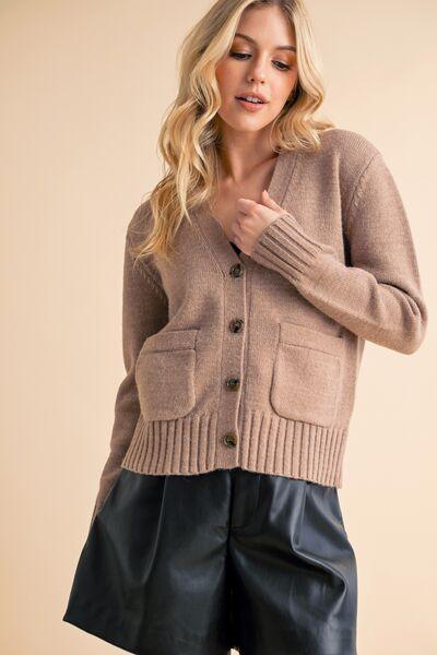 Aemi + Co Ribbed Hem Button Down V-Neck Cardigan