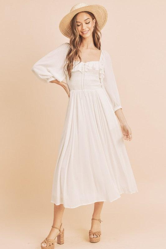 Aemi + Co Ruffled Smocked Square Neck Balloon Sleeve Dress