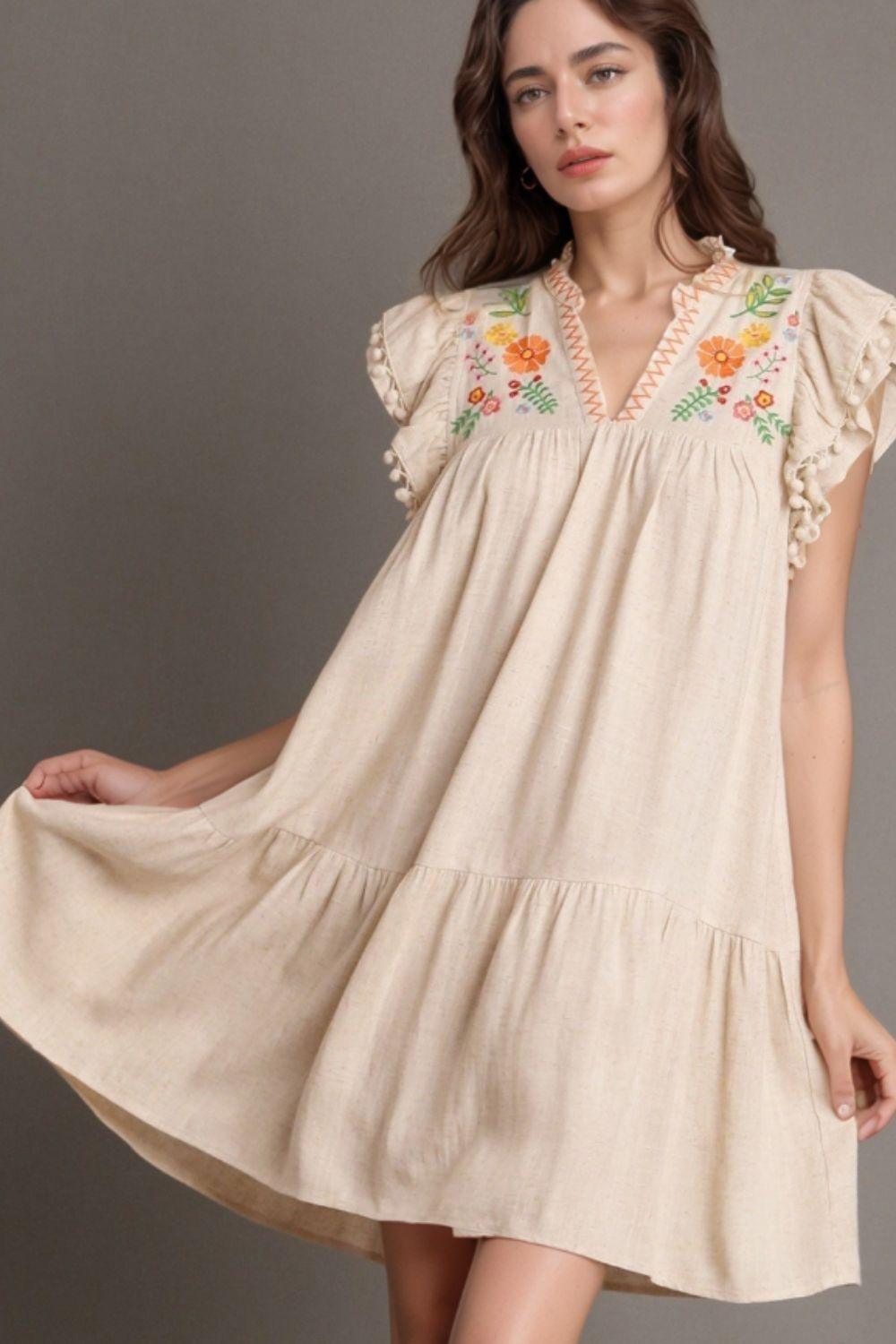 Floral Embroidery Pom Pom Ruffle Sleeves Mini Dress