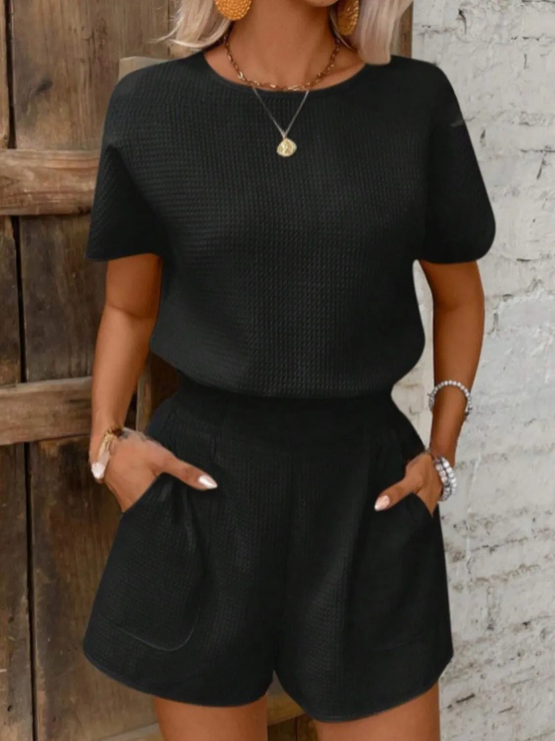Round Neck Short Sleeve Top and Shorts Set - Clothes For Her Online Store