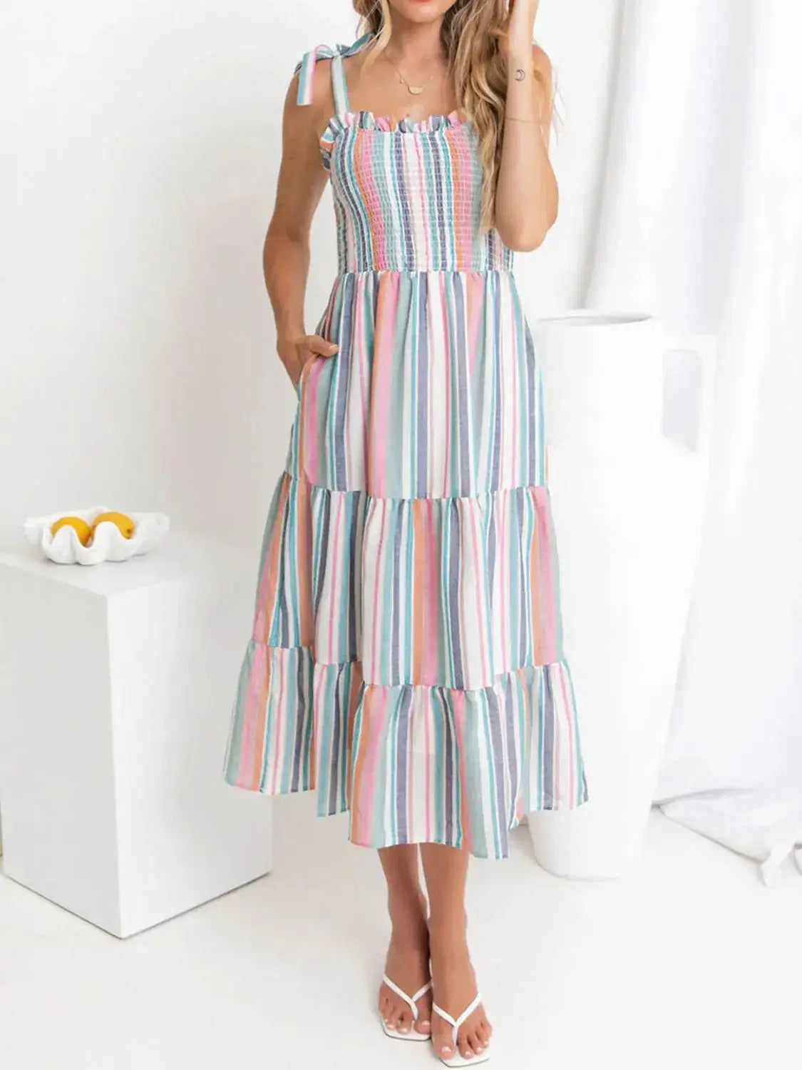 Contrast Striped Square Neck Cami Dress - Clothes For Her Online Store