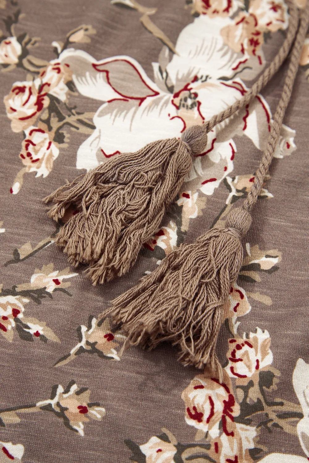 Floral Print Tassel Tie Split Neck Short Sleeve Blouse