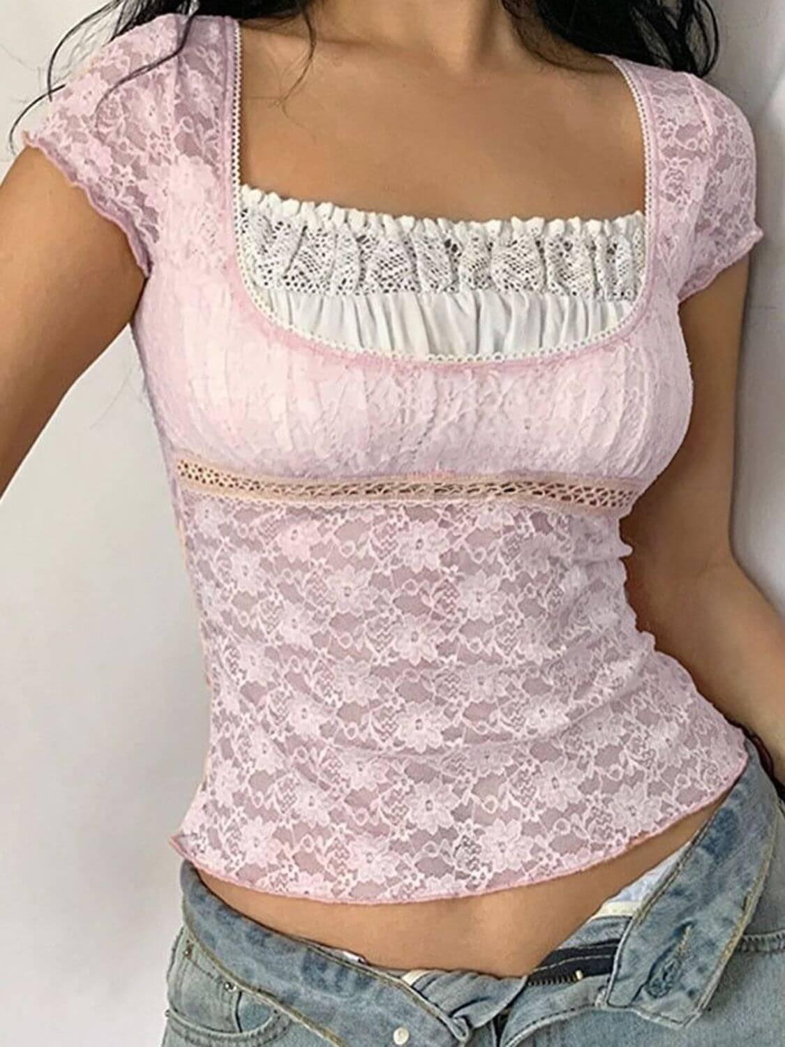 Devine Lace Square Neck Short Sleeve Top