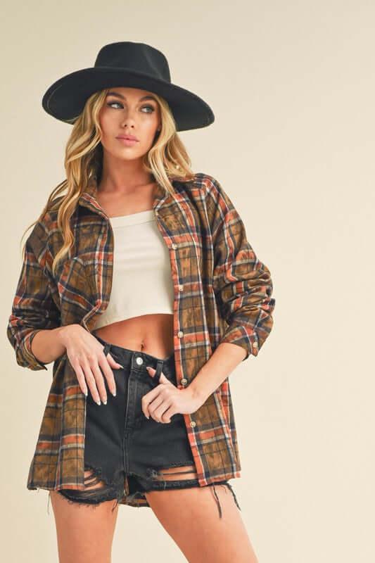 Aemi + Co Washed Plaid Flannel Side Step Hem Shirt