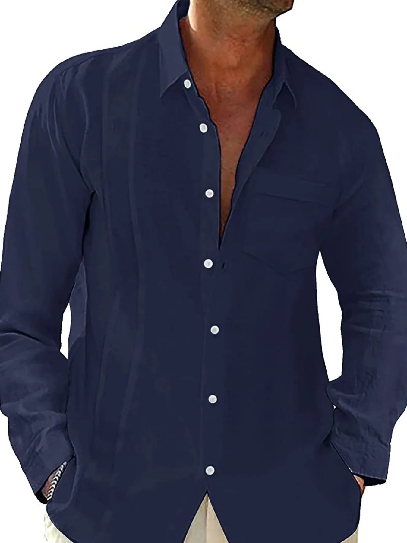 Men's Full Size Casual Linen Long Sleeve Button Down Shirt Plus Size