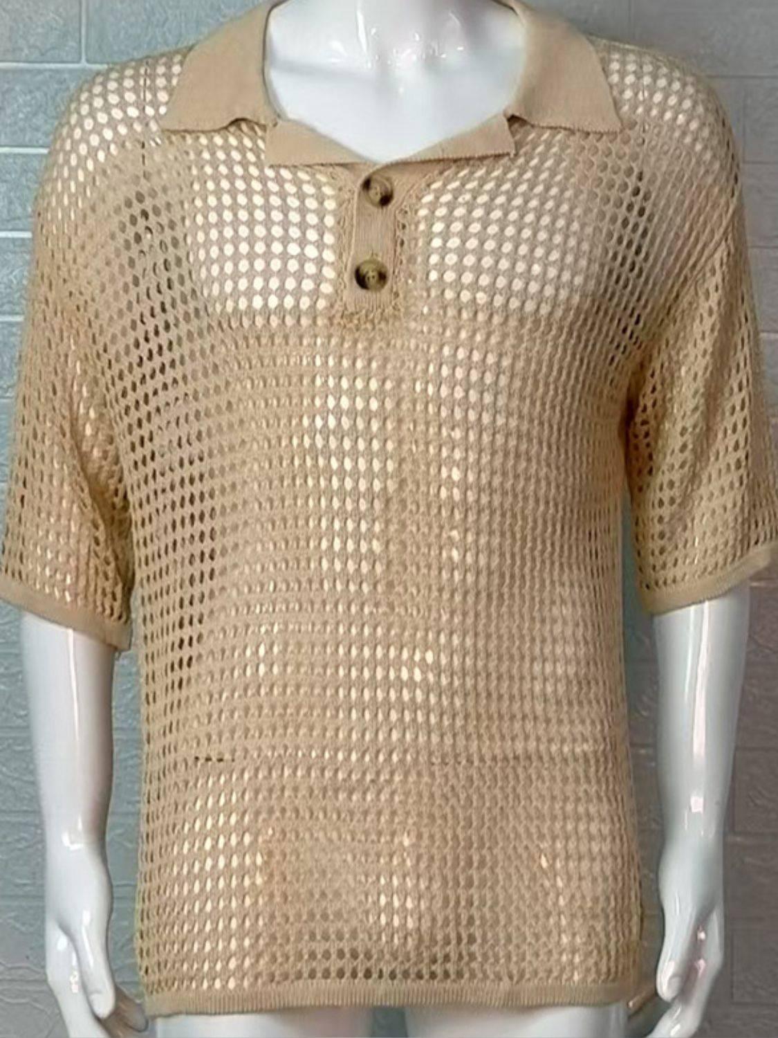 Men's Plus Size Openwork Collared Neck Quarter Button Knit Polo