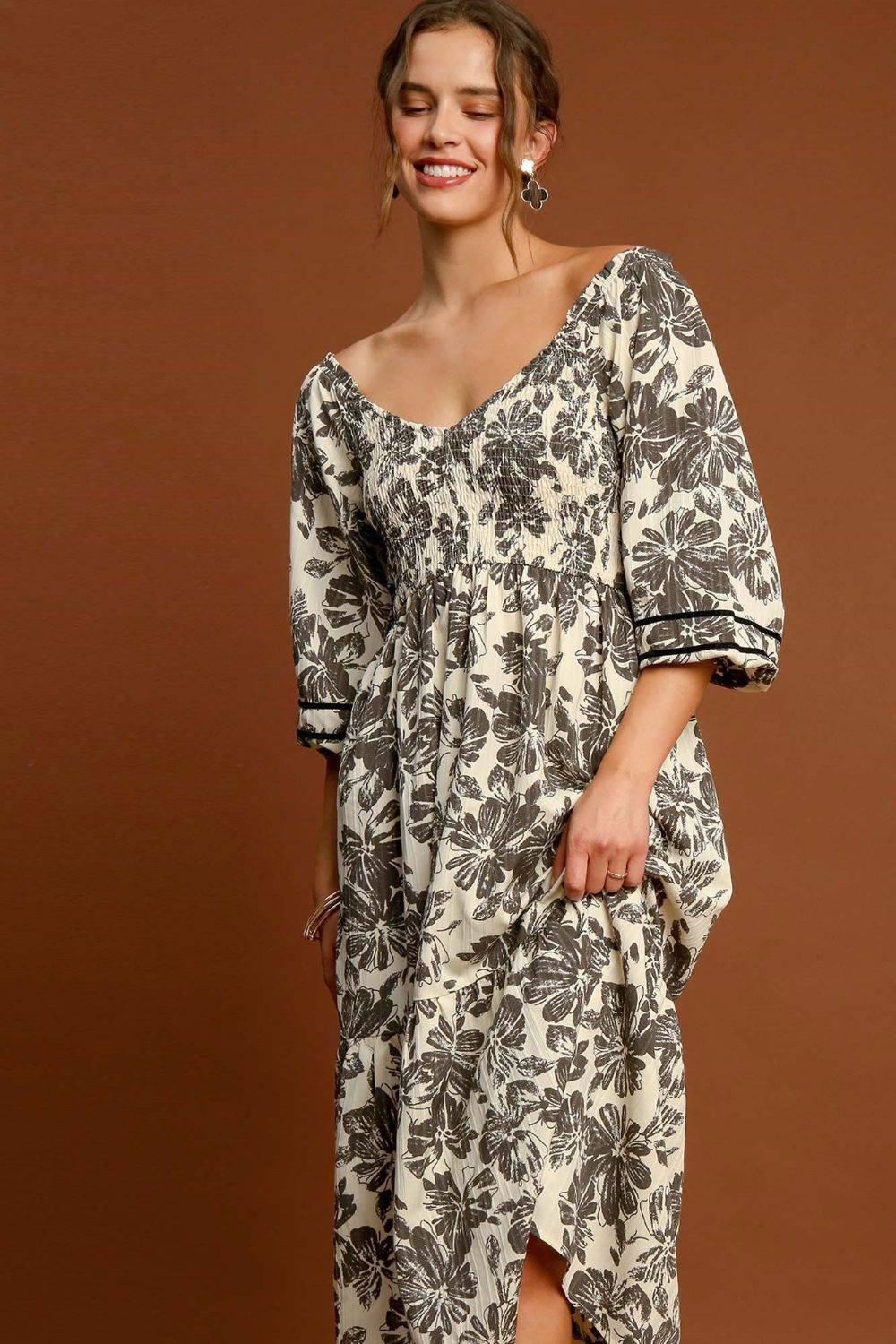 Umgee Ruffle Hem Flower Printed V-Neck Dress - Clothes For Her Online Store