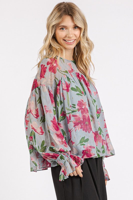 Mittoshop Floral Round Neck Flounce Sleeve Blouse - Clothes For Her Online Store
