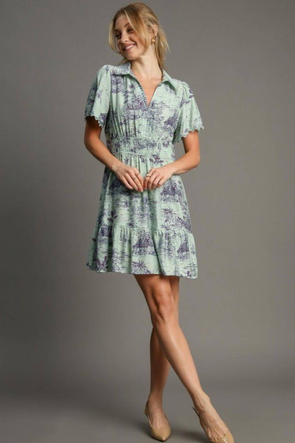Umgee Full Size Landscape Print Collared Mini Dress Plus Size - Clothes For Her Online Store