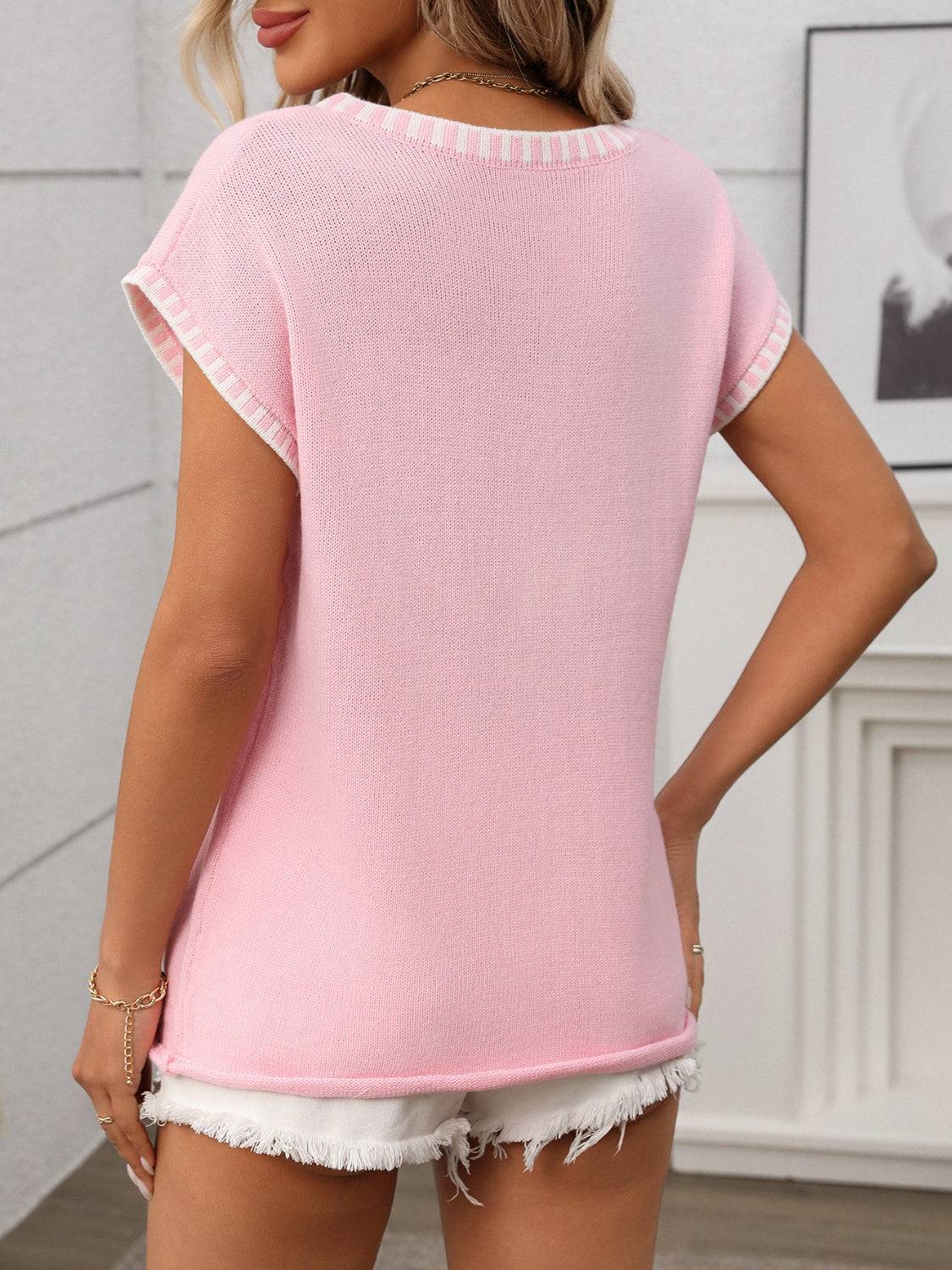 Contrast Trim V-Neck Short Sleeve Knit Top - Clothes For Her Online Store