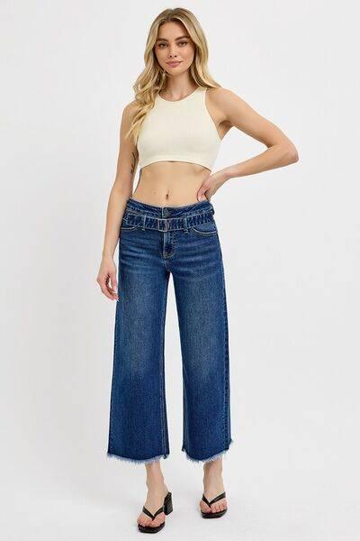 RISEN Raw Hem Wide Leg Attached Buckle Jeans - Clothes For Her Online Store