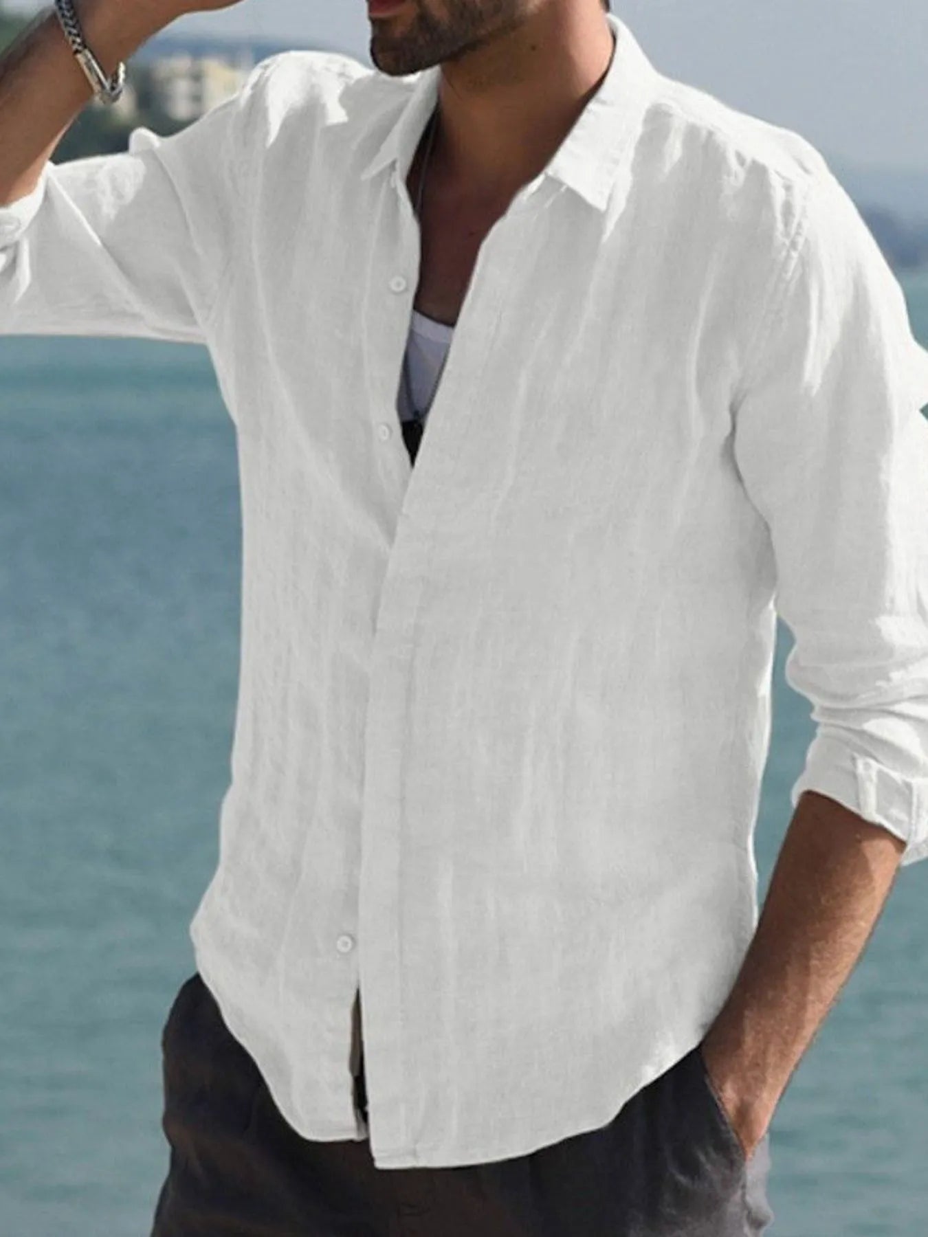 Men's Full Size Casual Linen Long Sleeve Shirt Plus Size