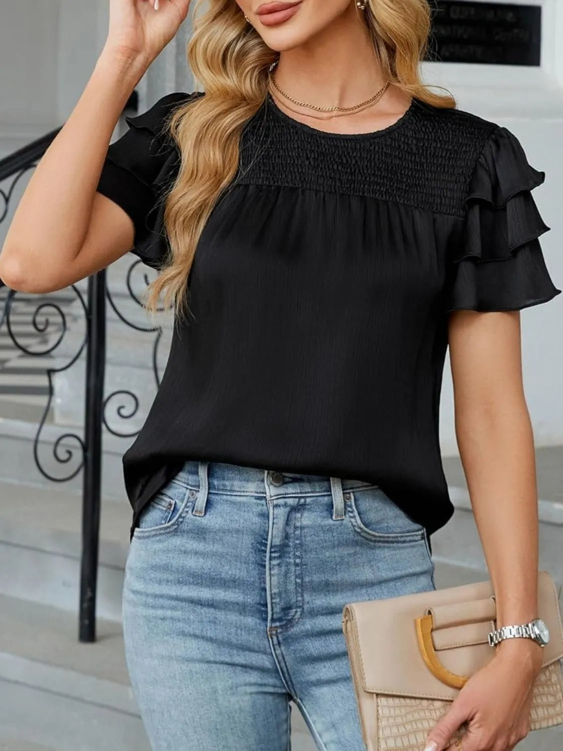 Smocked Round Neck Ruffled Layered Sleeve Blouse