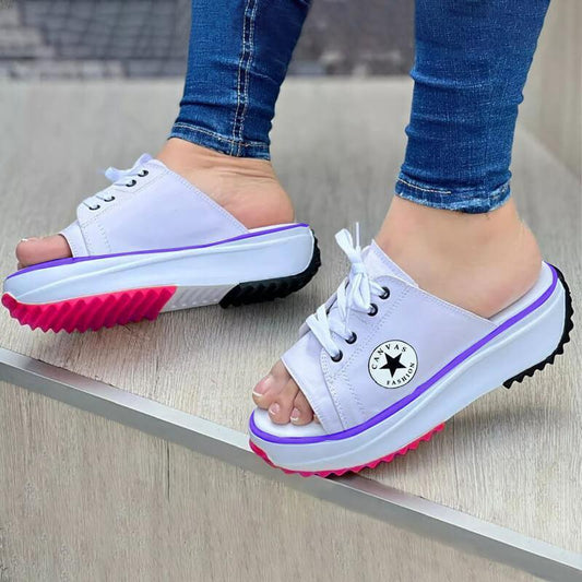 2022 Casual Canvas Thick-soled Lace-up Womens Sandals Slippers - Clothes For Her Online Store