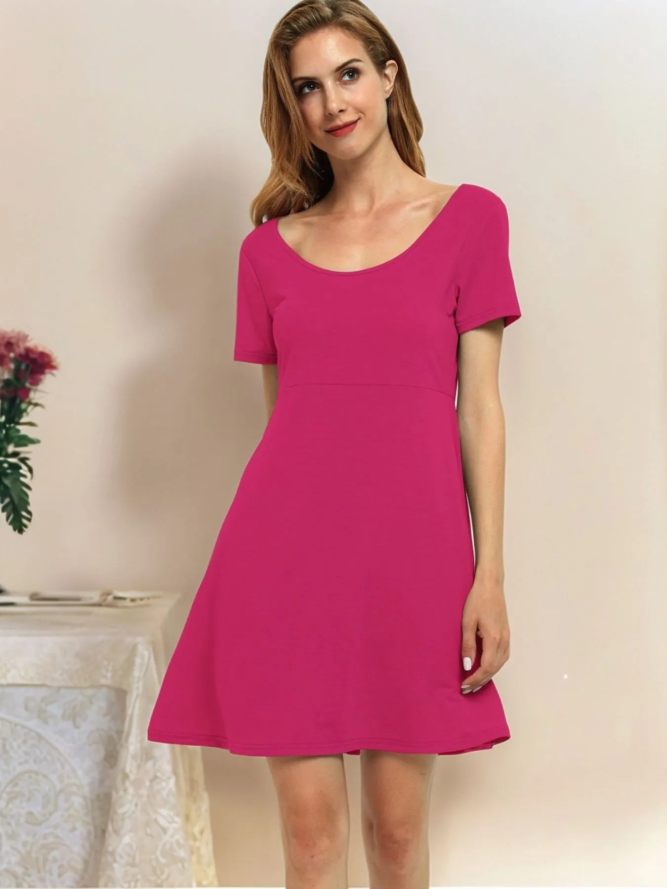 Round Neck Short Sleeve Flared Summer Dress