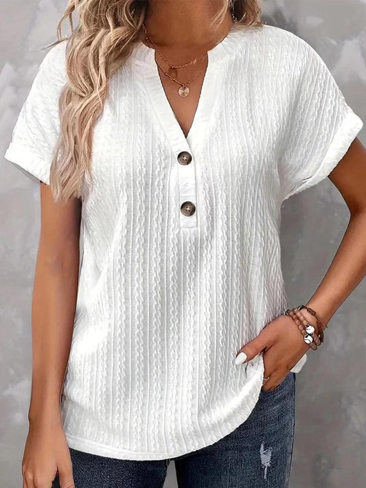 Textured Notched Short Sleeve Top - Clothes For Her Online Store