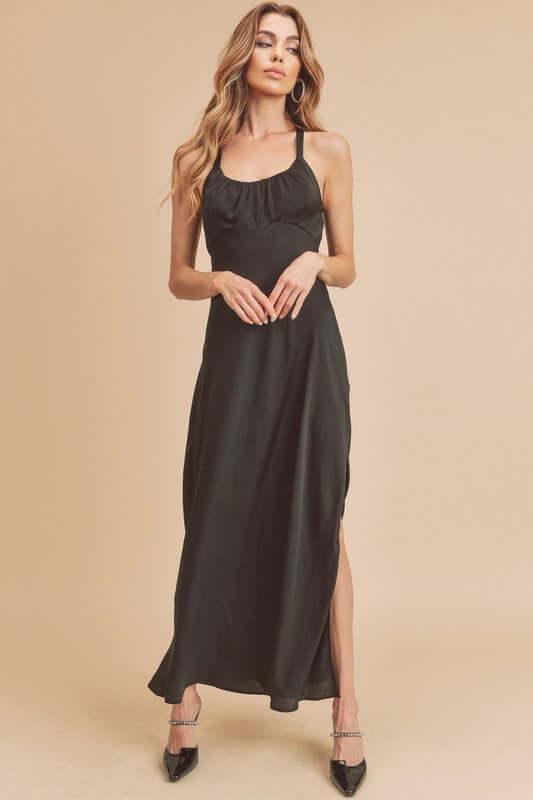 Aemi + Co Ruched Side Slit Cutout Back Maxi Cami Dress