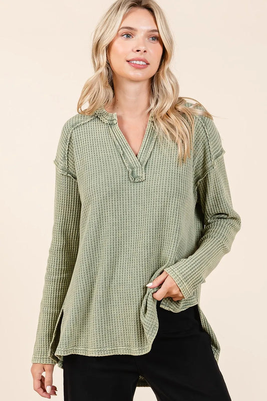 Mittoshop Mineral Wash Waffle Knit V-Neck Long Sleeve Top