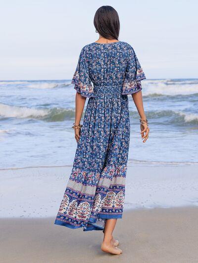 Ruched Printed Flounce Sleeve Midi Dress