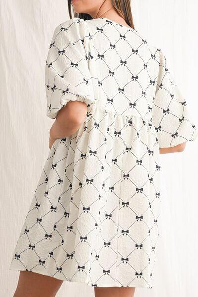 Bow Print Tie Neck Half Sleeve Dress