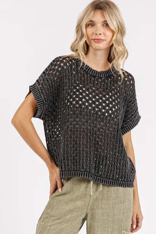Mittoshop Mineral Wash Openwork Short Sleeve Knit Cover Up