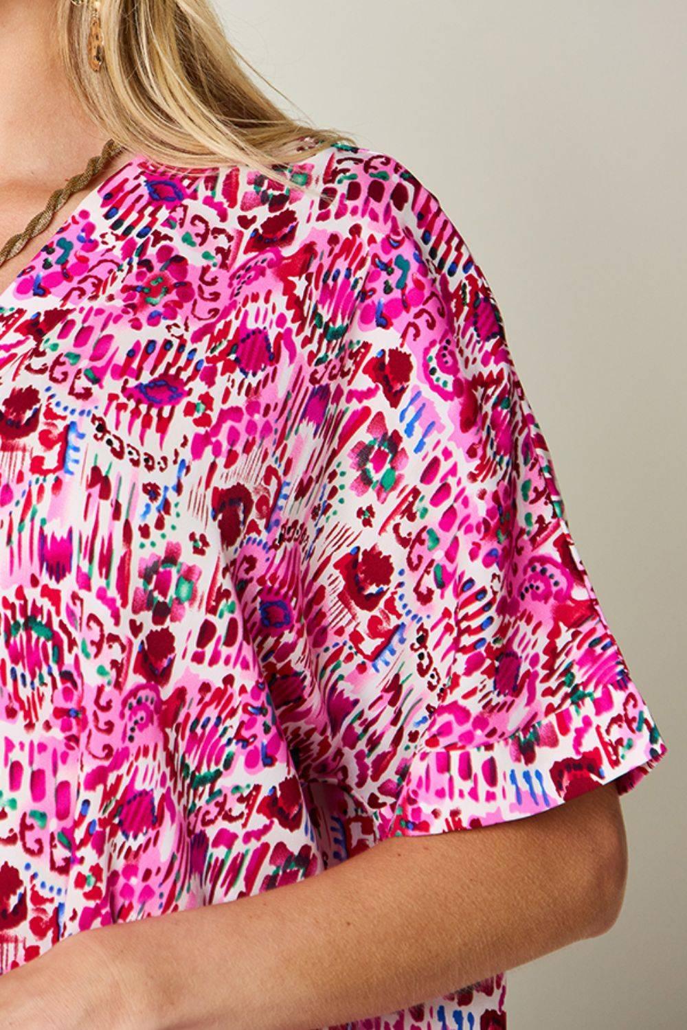 Double Take Full Size Printed V-Neck Short Sleeve Blouse - Clothes For Her Online Store