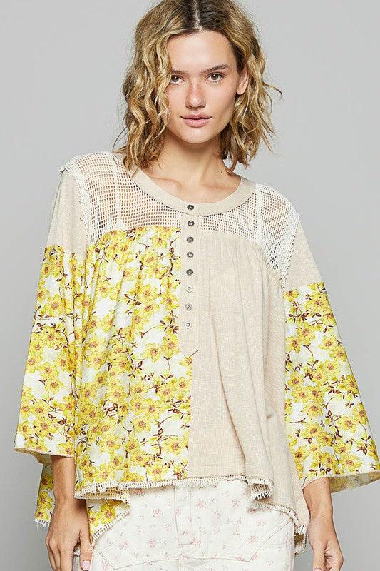 POL Washed Floral Print Crochet Detail Top