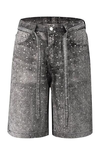 Men's Washed Rhinestone Denim Bermuda Shorts