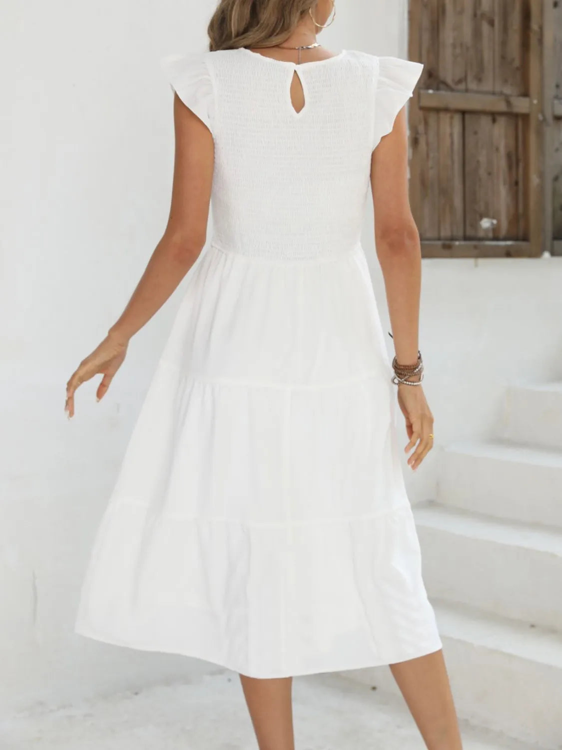 Ruffled Round Neck Cap Sleeve Dress