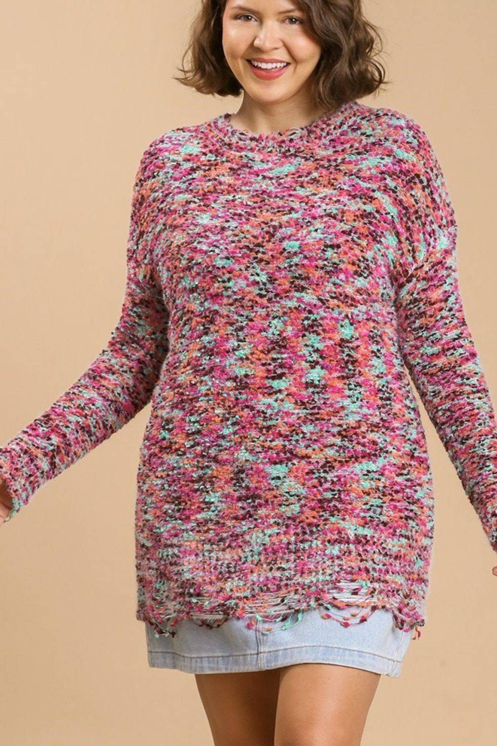 Umgee Full Size Distressed Hem Multicolored Round Neck Knit Tunic Dress Plus Size - Clothes For Her Online Store