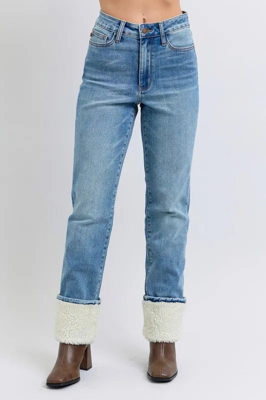 Judy Blue Full Size High Waist Shearling Cuff Straight Plus Size