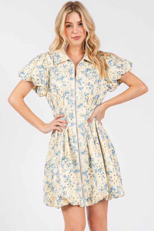 GeeGee Floral Eyelet Zipper Front Puff Sleeve Mini Dress - Clothes For Her Online Store
