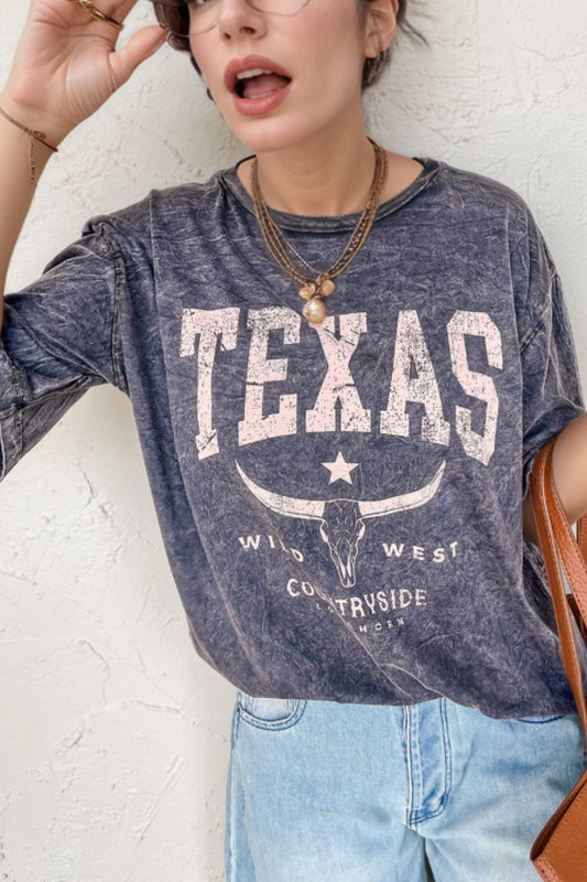 TEXAS Steer Head Graphic Mineral Wash Oversized T-Shirt - Clothes For Her Online Store