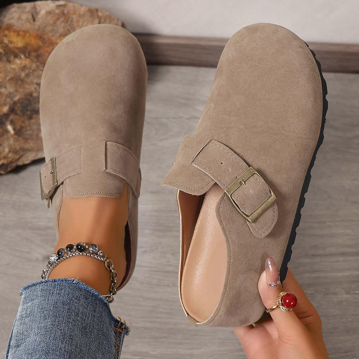 Round Toe Suede Buckle Slip-Ons