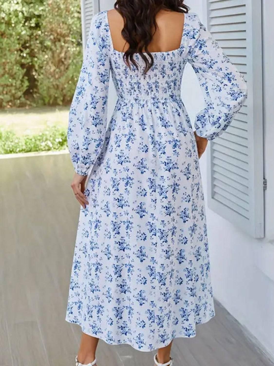 Slit Smocked Floral Square Neck Balloon Sleeve Midi Dress