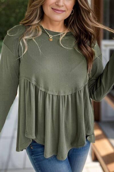 Plus Size Peplum Round Neck Long Sleeve Blouse - Clothes For Her Online Store
