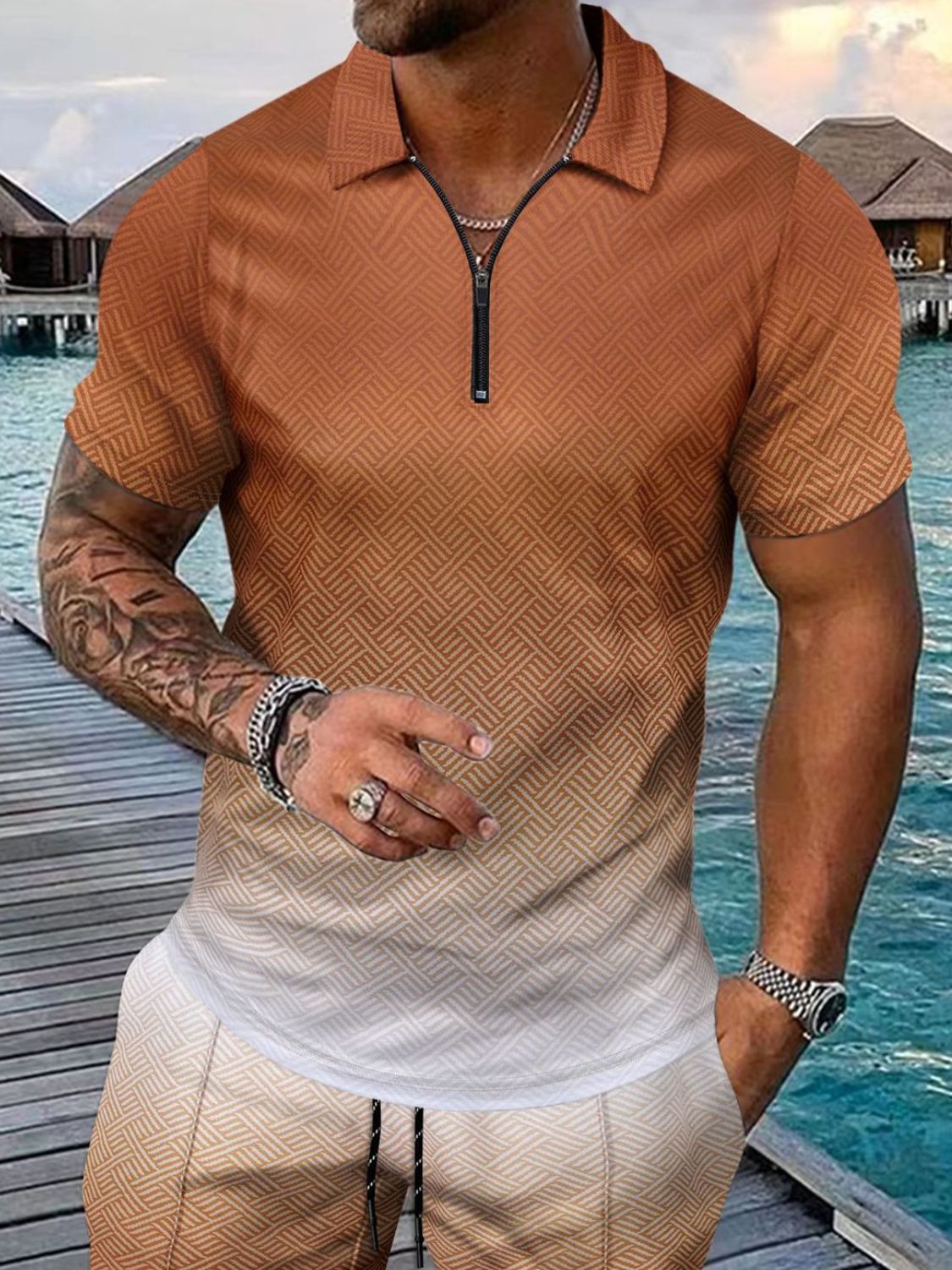 Men's Full Size Gradient Collared Neck Top and Shorts Set Plus Size - Clothes For Her Online Store