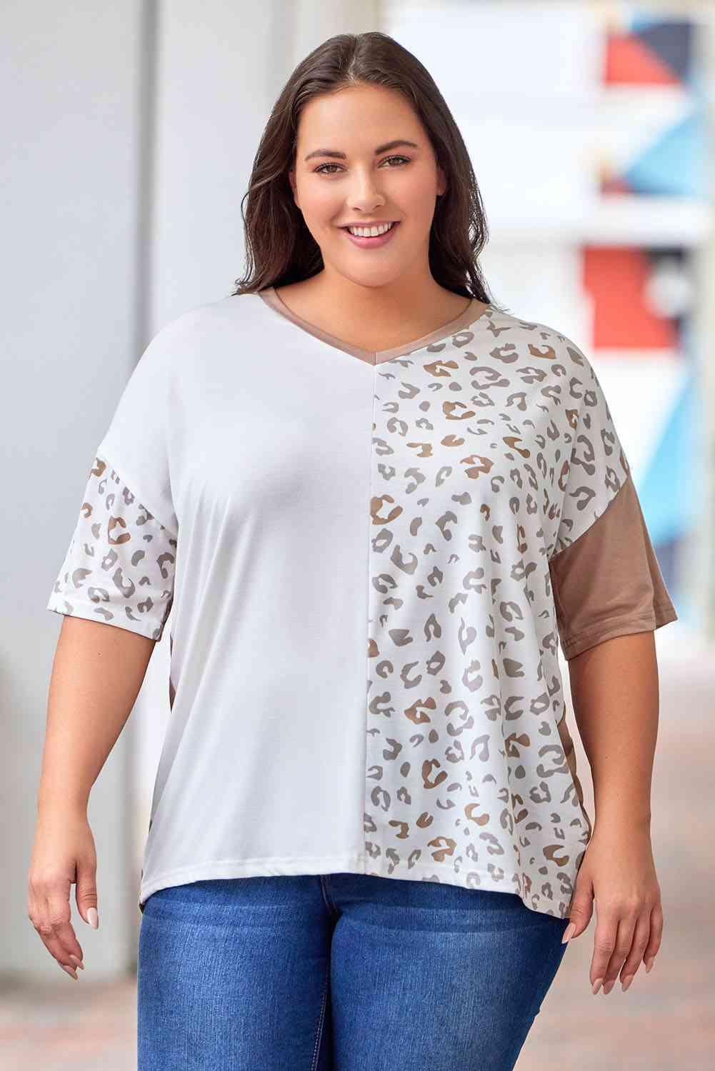 Plus Size Leopard V-Neck T-Shirt - Clothes For Her Online Store
