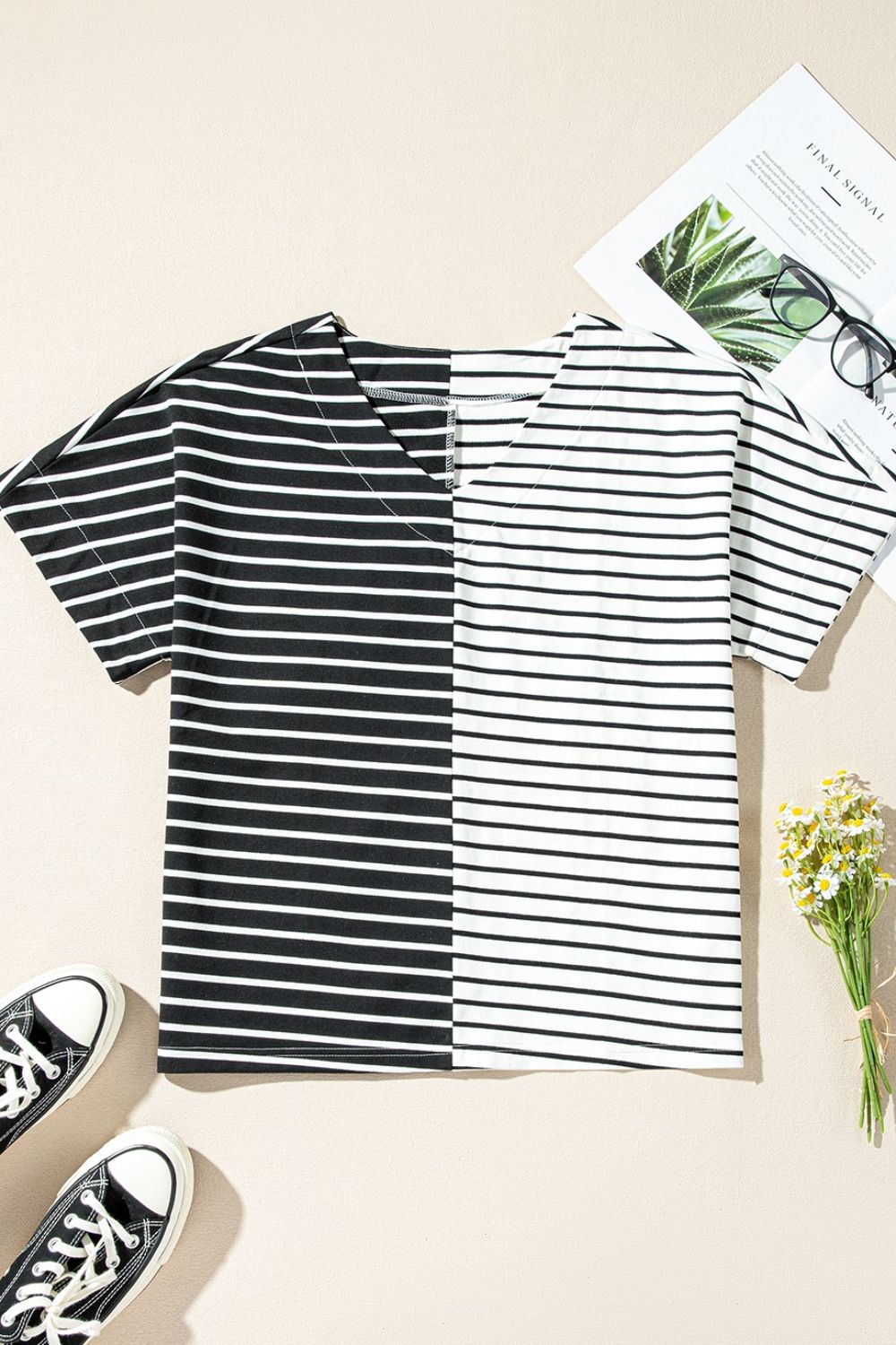 Stripe Two Tone Colorblock V-Neck T-Shirt